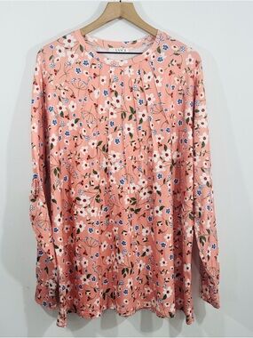 UVN Pleated Front Pullover Long Sleeve Floral Blouse Comfy Stretch Casual XXL